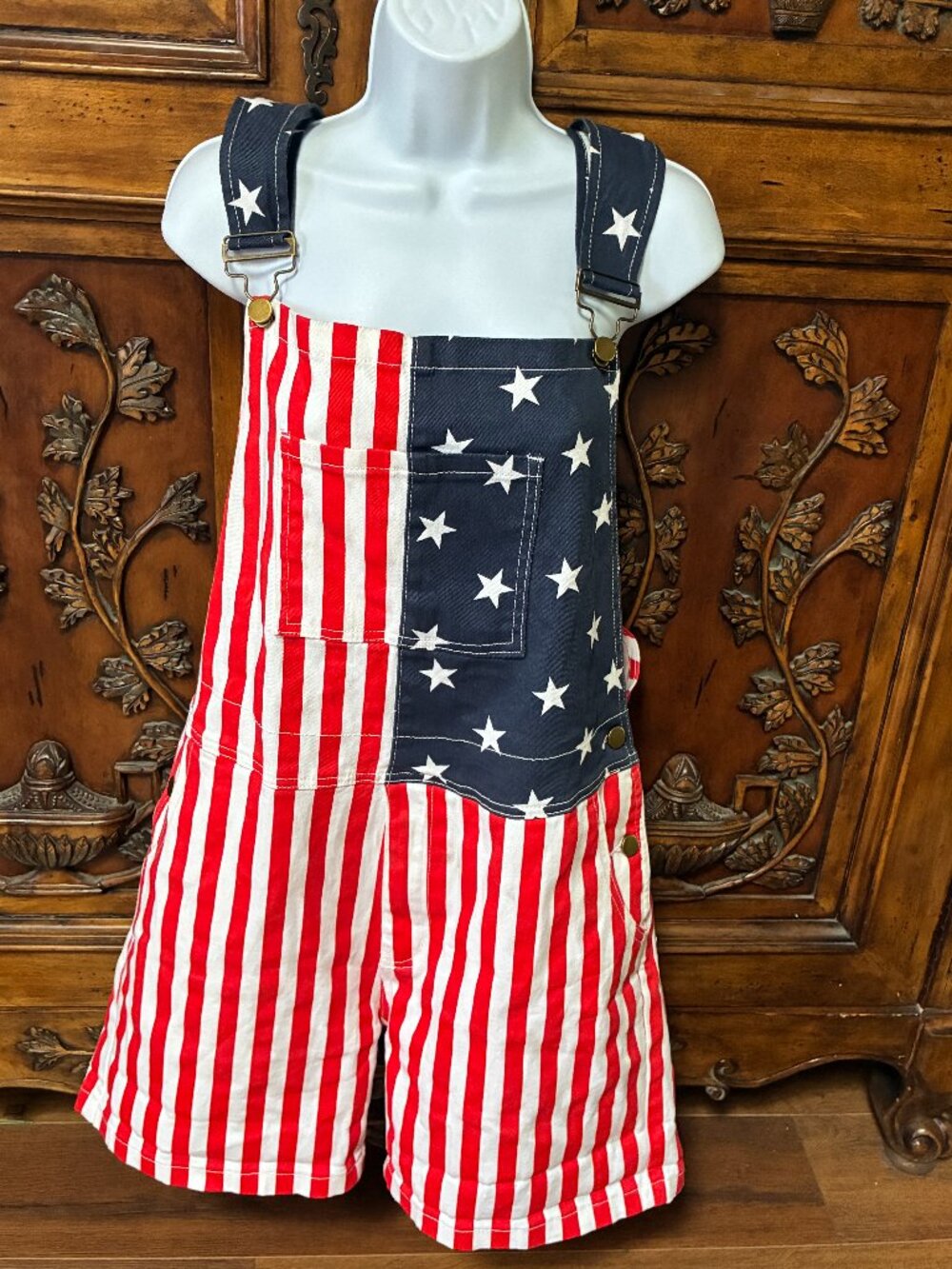 Overalls American Flag Shortalls Stars and Stripes Patriotic Red White Blue L